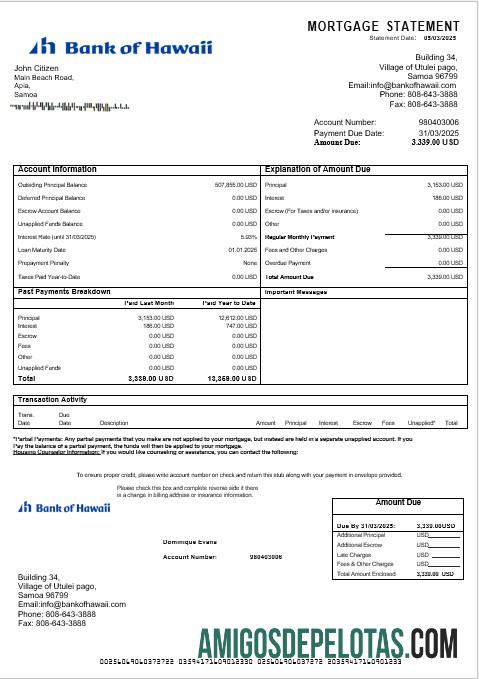 Extrato de hipoteca do Samoa Bank Of Hawaii em formatos Word e PDF amostra